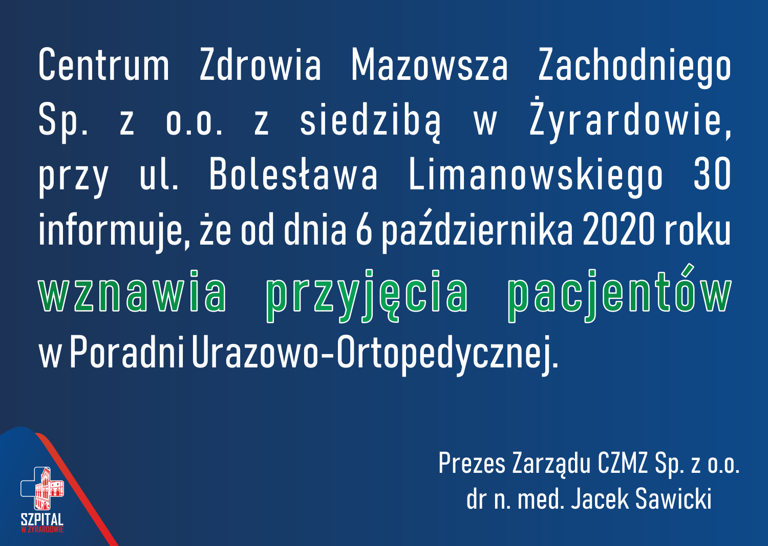 Komunikat wznowienie przyjęć pacjentów  w Poradni Urazowo-Ortopedycznej.