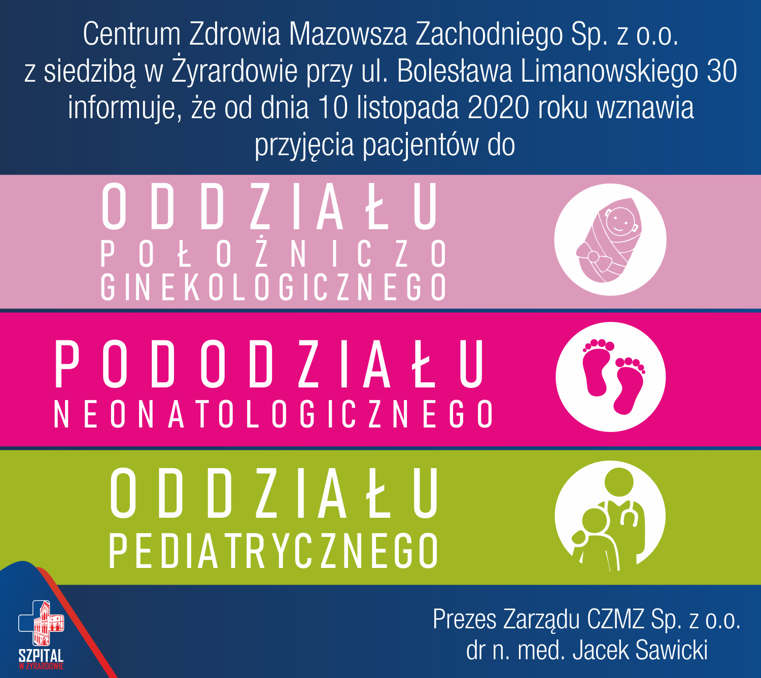 Wznowienie przyjęć pacjentów do Oddziału Pediatrycznego, Neonatologicznego oraz Położniczo-Ginekologicznego