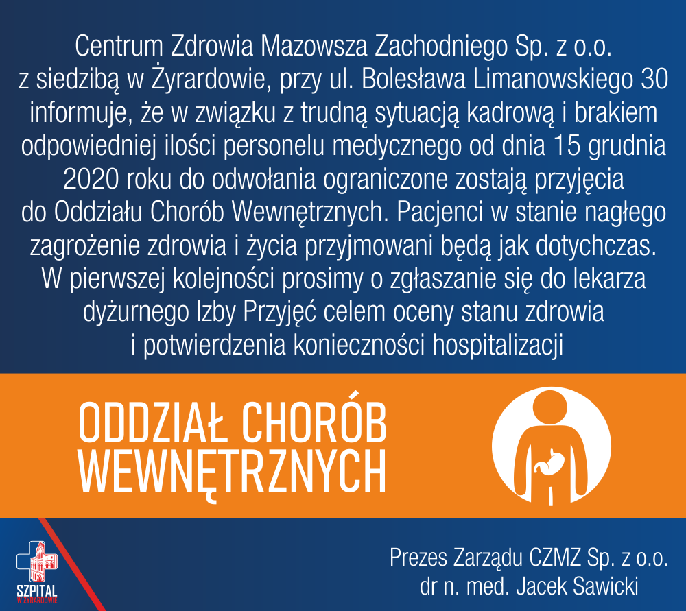 Ograniczenie przyjęć  do Oddziału Chorób Wewnętrznych